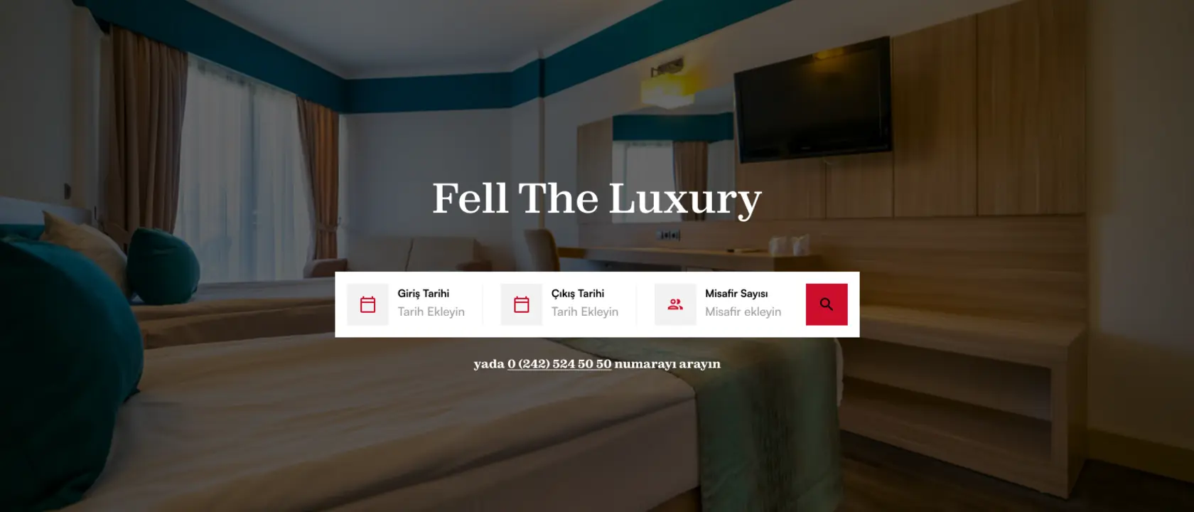Beranda Armas Hotels — foto kamar selebar layar di belakang kalimat "Fell The Luxury", sebuah bilah putih berisi kolom tanggal masuk, tanggal keluar dan jumlah tamu dengan tombol cari, serta nomor telepon di bawahnya.