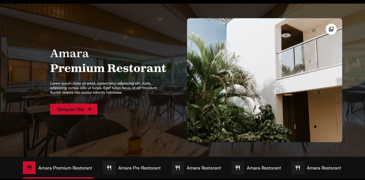 Halaman makanan dan minuman — satu restoran ditampilkan sebagai foto selebar layar dengan namanya, keterangan singkat dan tombol Detail, di atas deretan tab yang menyebut restoran lain milik grup ini.