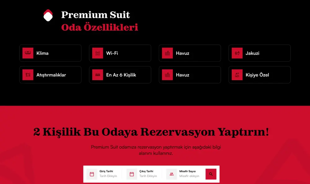 Halaman satu kamar — grid fasilitas Premium Suit, tiap butir berupa ikon dan label, di atas pita merah yang mengajak memesan kamar ini dengan kolom tanggal dan jumlah tamu tepat di bawahnya.