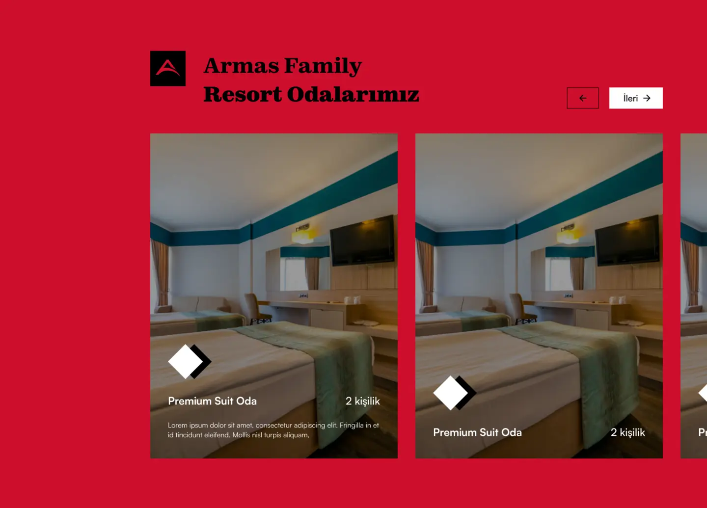 Korsel kamar di beranda — pita merah tua dengan judul Armas Family Resort, kontrol maju dan mundur, serta kartu kamar yang masing-masing menampilkan foto, nama kamar dan kapasitasnya.