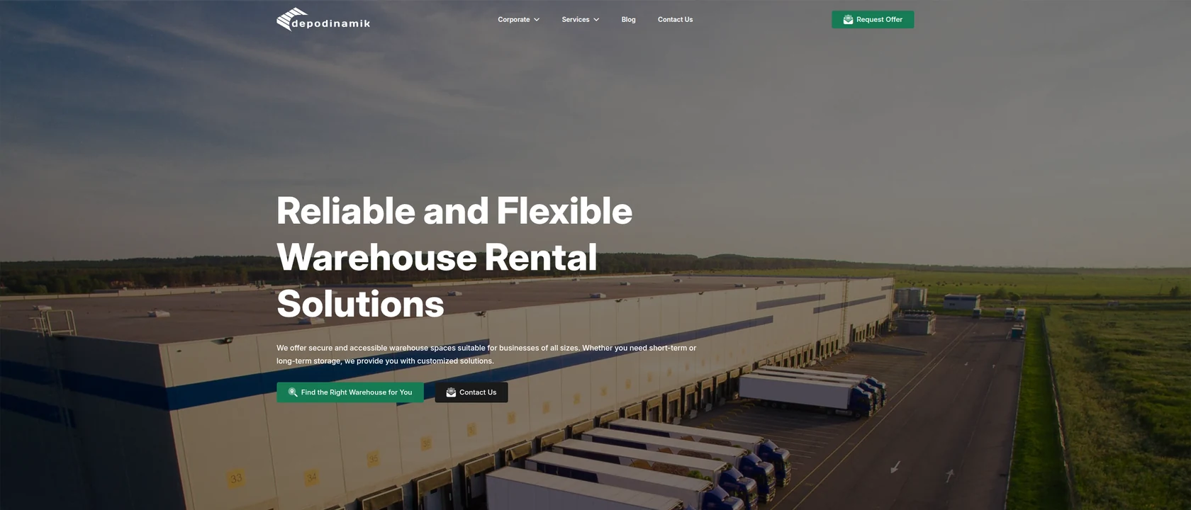 Beranda depodinamik: foto lebar sebuah pusat distribusi di belakang judul "Reliable and Flexible Warehouse Rental Solutions".