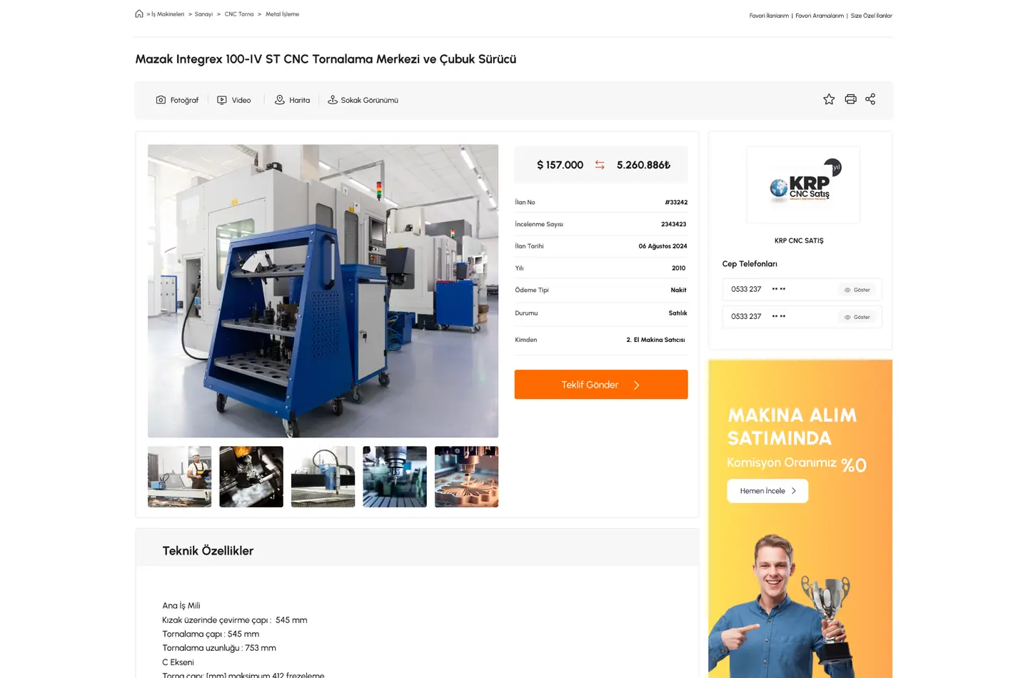 Halaman iklan sebuah turning center Mazak Integrex — tab foto, video, peta dan tampilan jalan, harga dalam dolar dan lira, nomor iklan, jumlah penayangan, tanggal, tahun, tipe pembayaran dan jenis penjual, tombol kirim penawaran, kartu toko penjual dengan nomor telepon tersamar, serta spesifikasi teknis di bawahnya.