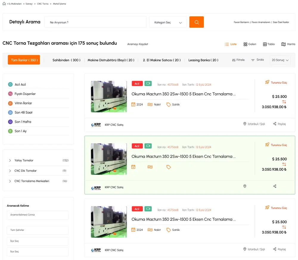 Pencarian mesin bubut CNC yang mengembalikan 175 hasil sebagai daftar. Rel filter di kiri, tab jenis penjual di atas, dan tiap hasil membawa tahun, tipe pembayaran, tanggal iklan serta harga dalam dolar sekaligus lira.
