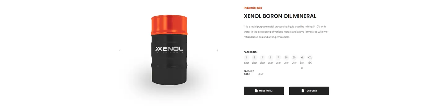 Halaman produk Xenol Boron Oil Mineral — drumnya di kiri, dan di kanan kelompoknya, keterangan singkat, ukuran kemasan dari satu liter sampai IBC, kode produk, serta tombol untuk dokumen MSDS dan TDS.