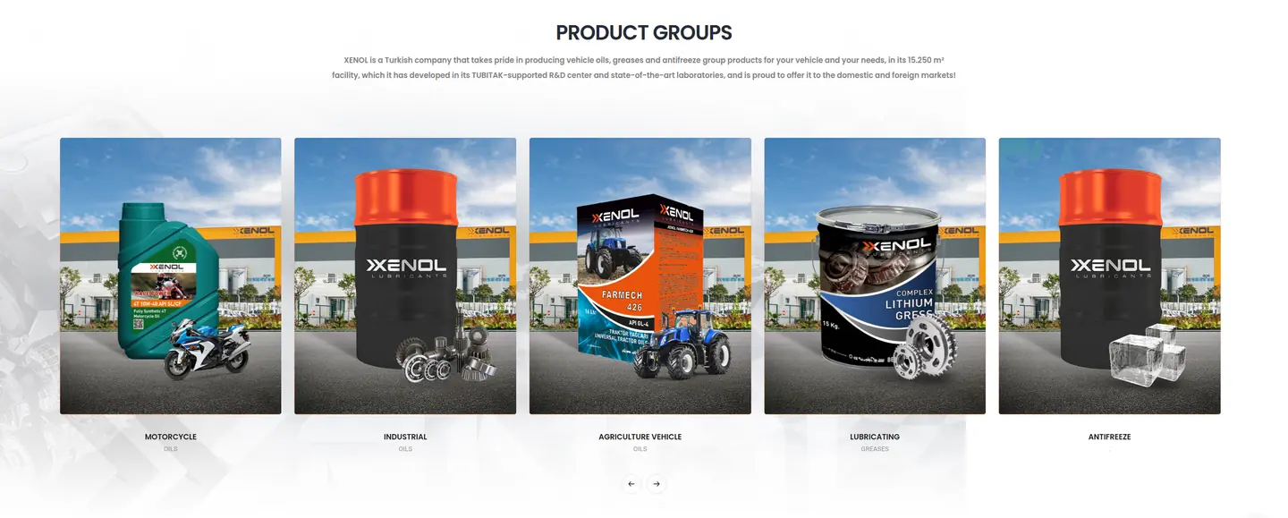 Korsel kelompok produk — lima kartu difoto dengan latar pabrik, berlabel oli motor, oli industri, oli kendaraan pertanian, gemuk pelumas dan antibeku.